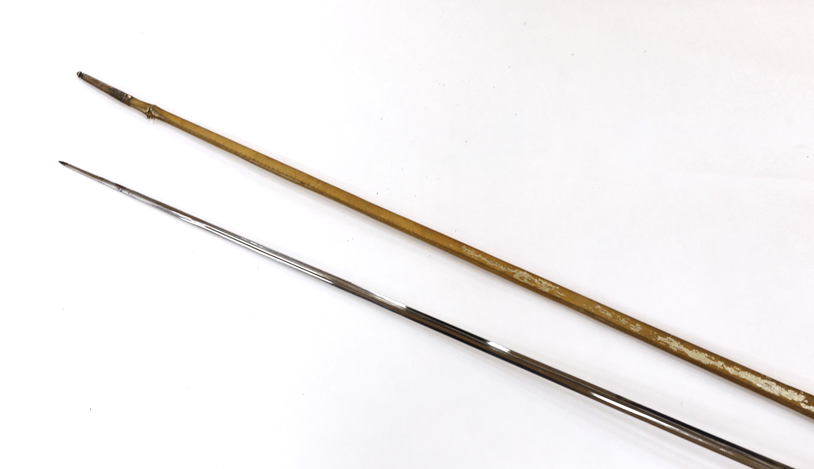 An English small sword, c.1775, pierced with facetted stud work, silver tape and wire bound grip, triangular section etched blade, in its original vellum scabbard and silver mounts, top mount engraved Dieltry Royal Excha